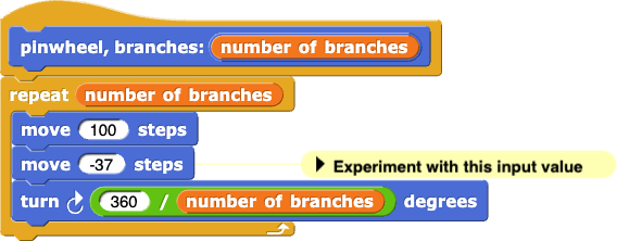 pinwheel block definition with comment asking students to experiment with the input for the second move block