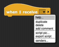 when I receive block with right-click menu open showing four options: help..., duplicate, delete, script pic...