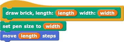 draw brick, length:(length) width:(width){set pen size to(width); move(length) steps}