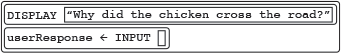 a white rounded rectangle containing two smaller white rounded rectangles: The first one contains first the word 'DISPLAY' in all caps and then a smaller white rectangle containing the quoted text 'Why did the chicken cross the road?'. The second one contains the text 'userResponse &leftarrow; INPUT()'