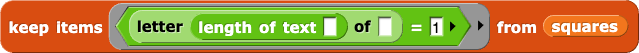 keep items (letter (length of ()) of () = 1) from (squares)