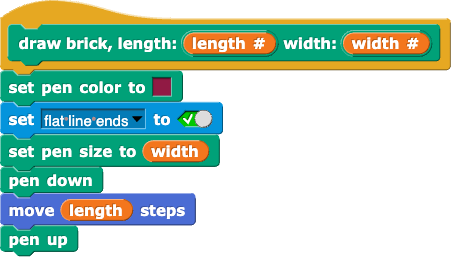 draw brick, length:(length#) width:(width#){set pen color to (red); set flat line ends to (true); set pen size to (width); pen down; move(length) steps; pen up} draw brick, length:(length#) width:(width#){set pen color to (red); set flat line ends to (true); set pen size to (width); pen down; move(length) steps; pen up}