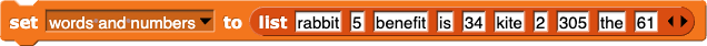 set (words and numbers) to {rabbit, 5, benefit, is, 34, kite, 2, 305, the, 61}